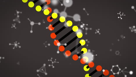 animación de múltiples moléculas y elementos químicos y cepas de adn flotando sobre un fondo negro