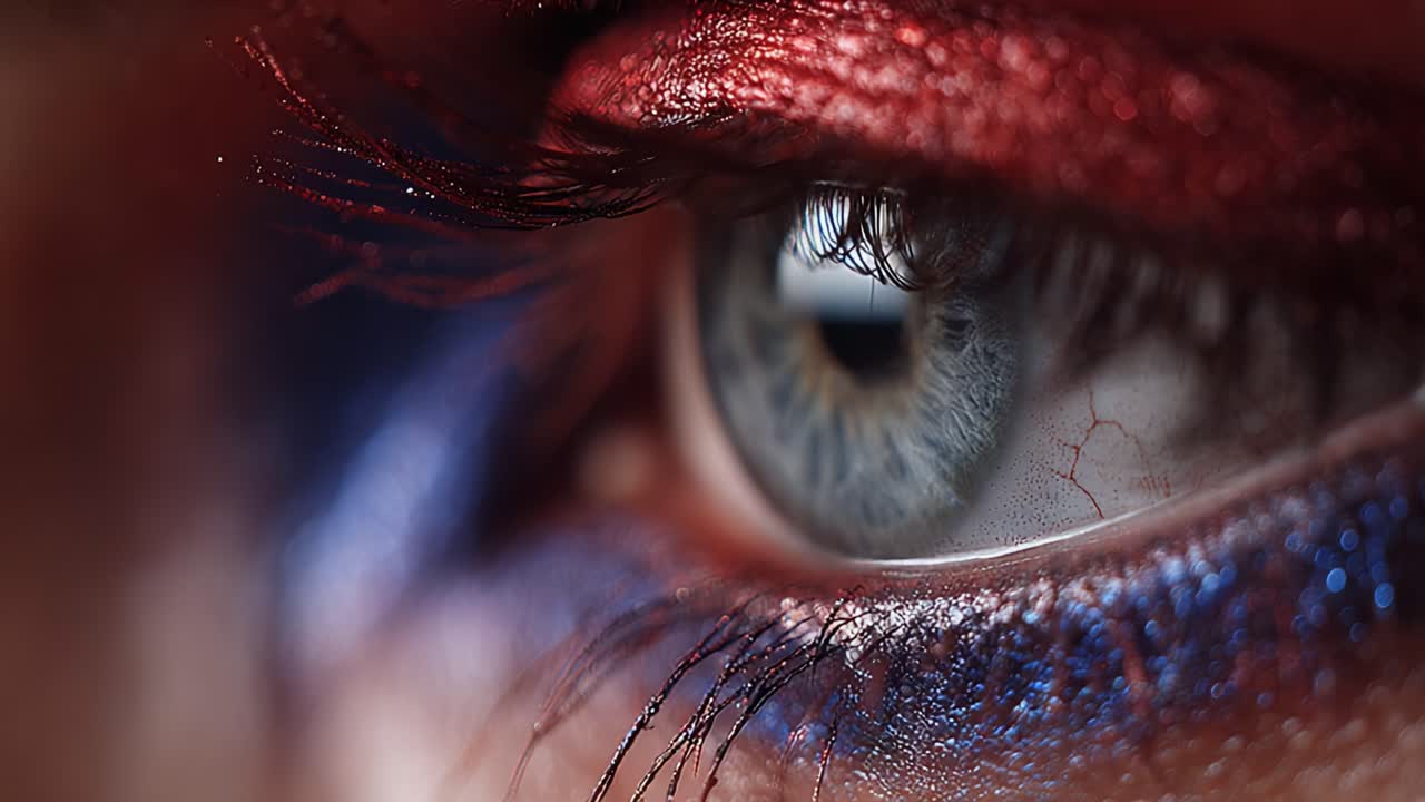 A close-up exploration of an artistic eye adorned with vibrant colors and intricate makeup, showcasing the combination of beauty and artistic expression in an enigmatic gaze