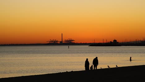 couple walking along beach during sunset