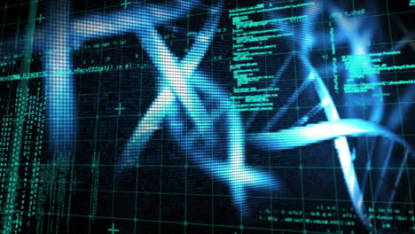 Animation of dna strands over data processing on black background