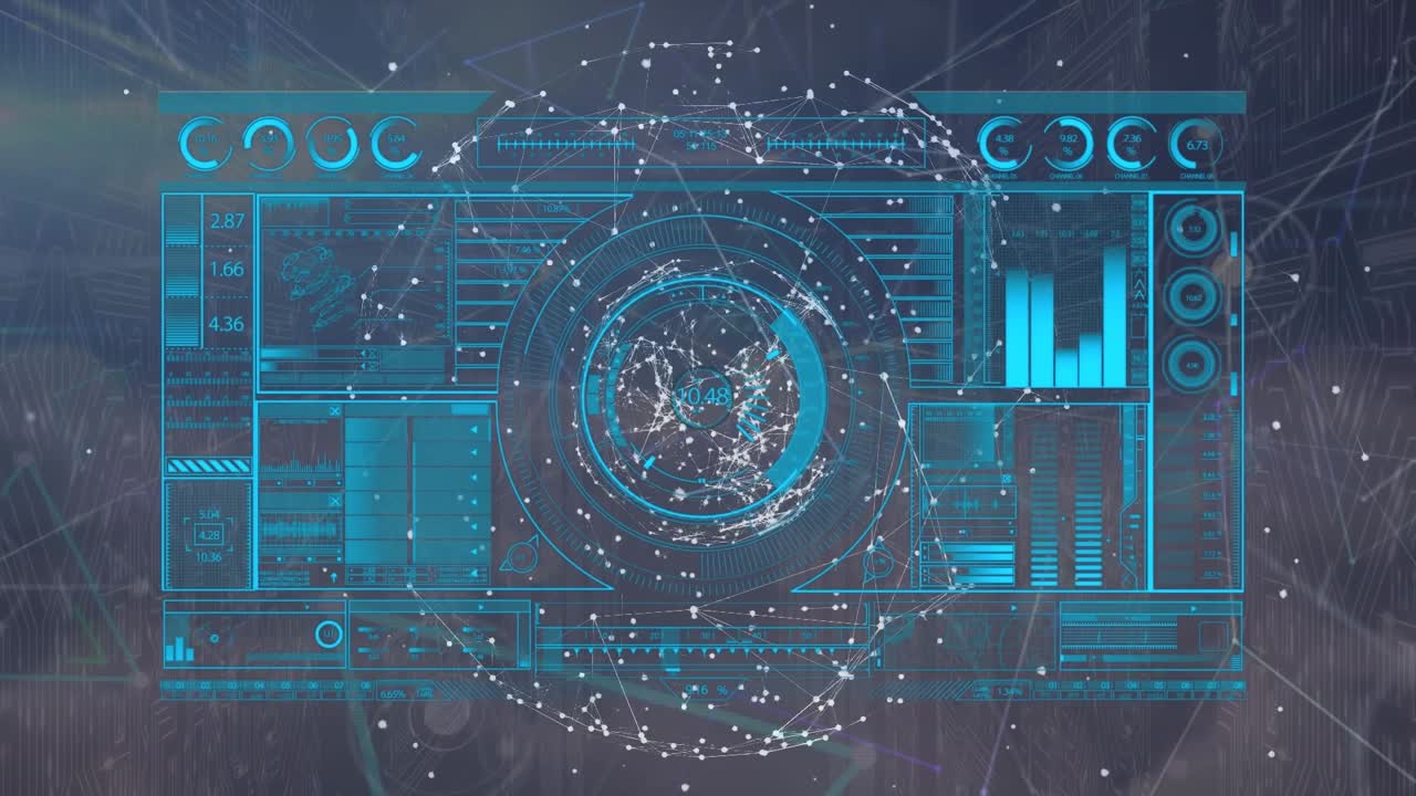 Animation of interface with data processing over globe of network of connections against sky