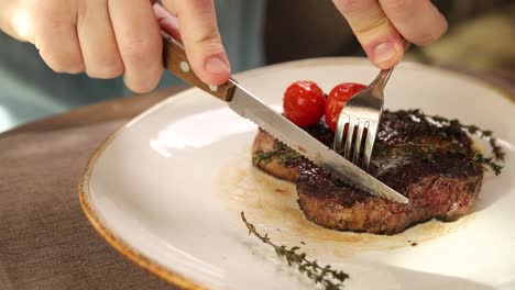 person cutting steak with knife and fork