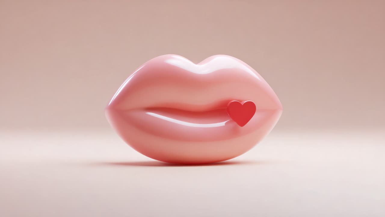 Stylized pink lips adorned with a small red heart, symbolizing love and affection, captured in a minimalistic, soft-focus environment that accentuates their vibrant colors and playful design
