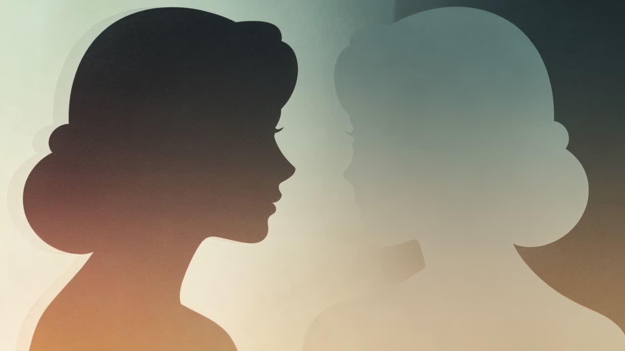 Animating dark female silhouette shifting on gradient, with frames forming mirrored pale profiles