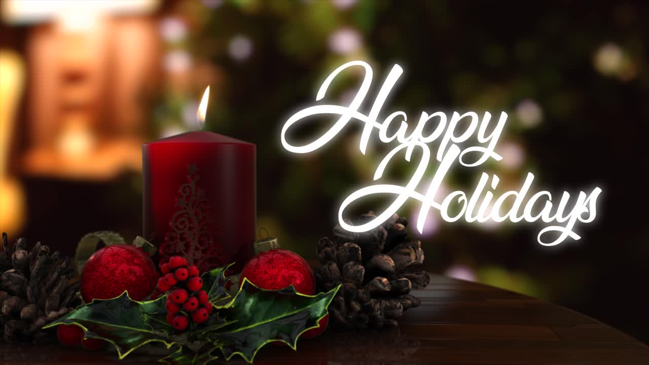 cgi 3d realista de una decoración de mesa de velas navideñas, en rojo cálido y dorado con una ramita de acebo brillante y un fondo hogareño cálido