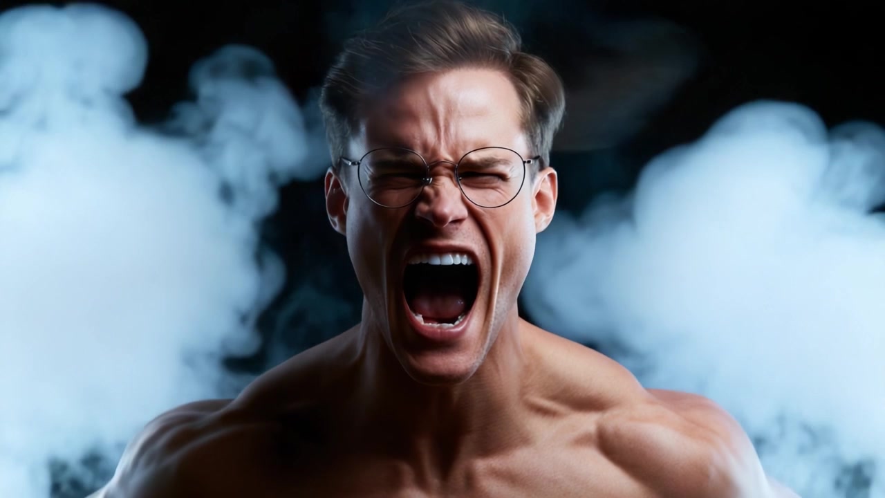 A Powerful Expression of Emotion: Capturing the Intensity of a Man's Raw Anger and Passion in Dramatic Lighting Surrounded by Smoke and Shadow