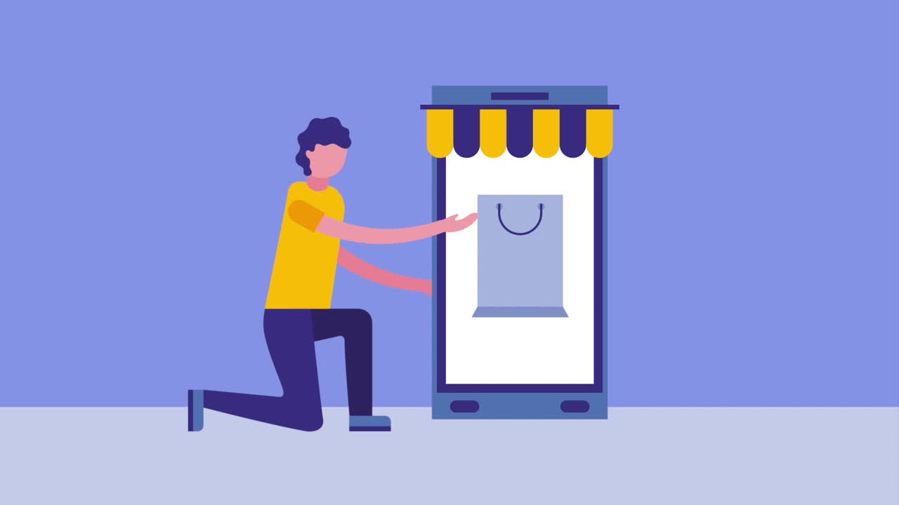 스마트폰을 들고 무을 고 있는 남자 온라인 쇼핑 가방 아이콘 터 일러스트레이션