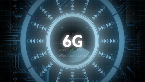 6g technology animation over digital interface with coding elements and arrows
