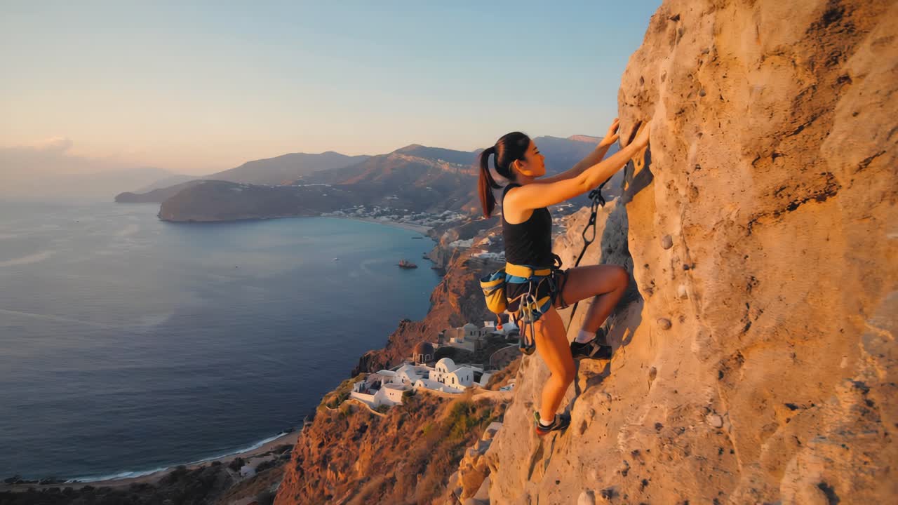 Woman Rock Climbing on a Cliff by the Sea