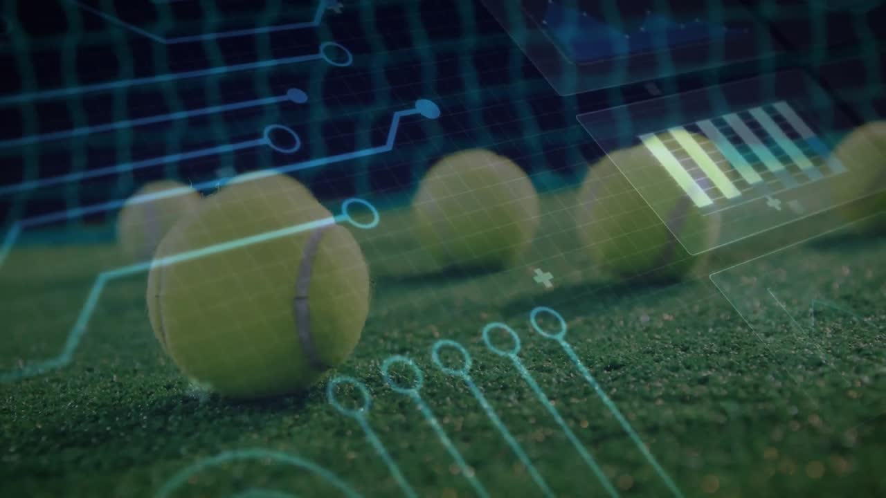 animación de placas de circuitos y procesamiento de datos sobre pelotas de tenis y red