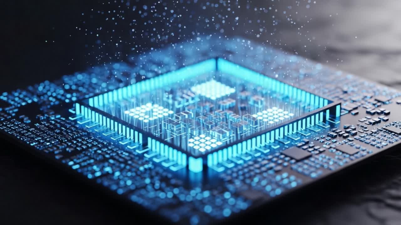 Dynamic Illumination of a High-Tech Microprocessor on a Circuit Board, Highlighting Advanced Technology and Modern Data Processing in Close-Up View