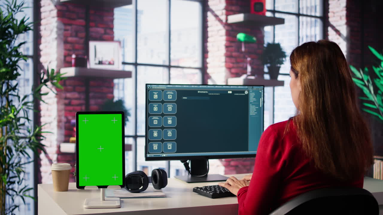 Woman working at her desk with a green screen tablet and computer