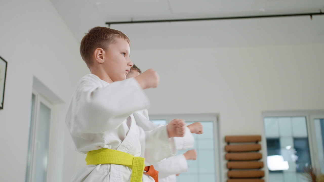 niños en kimono blanco en la clase de artes marciales