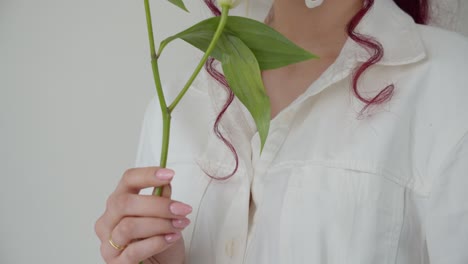 close up tilt up shot of woman in white shirt holding and smelling white lilies