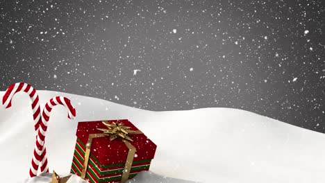 Digitale-Animation-Von-Schnee,-Der-über-Weihnachtszuckerstange-Fällt