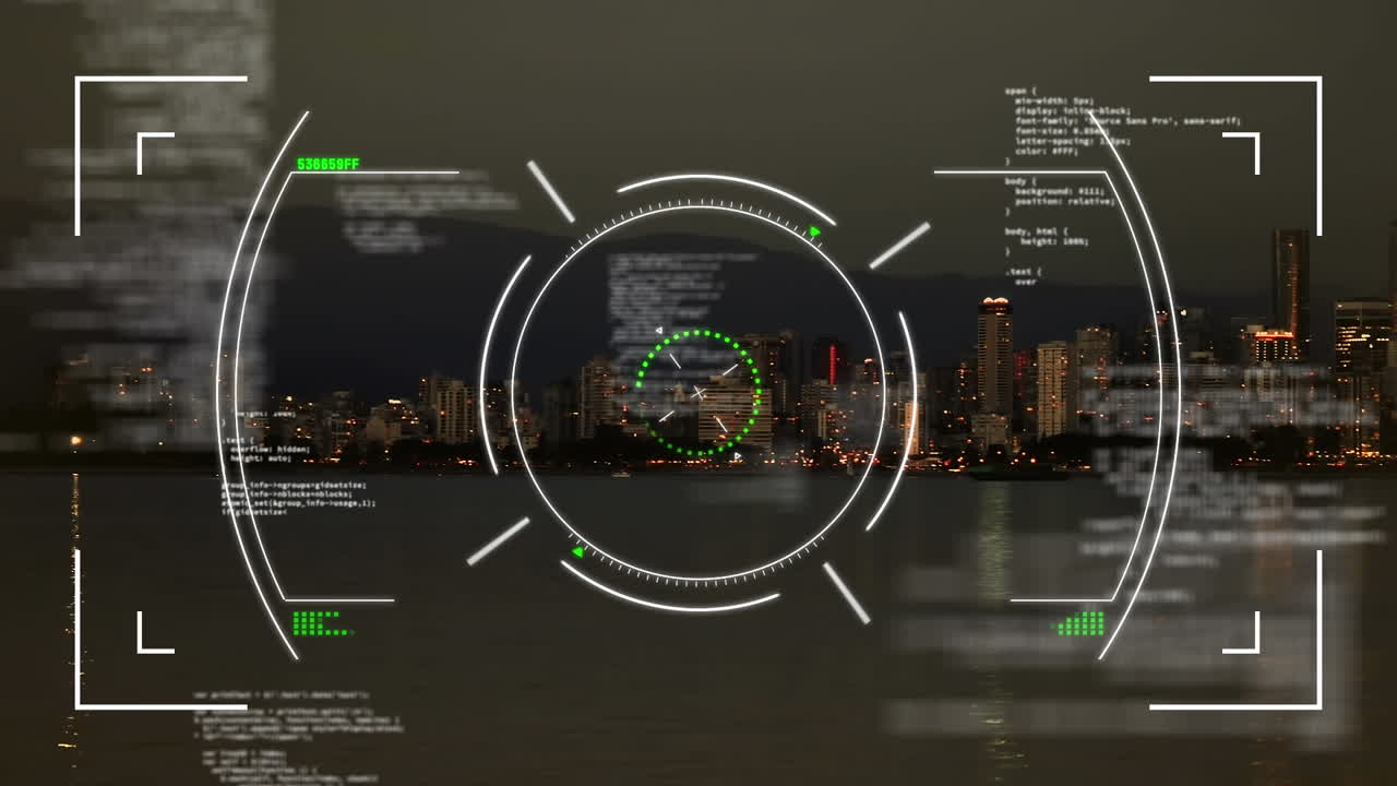 Animation of scope scanning over data processing against aerial view of cityscape and sea
