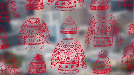 Christmas-sweater-and-hat-icons-in-seamless-pattern-against-view-of-cityscape