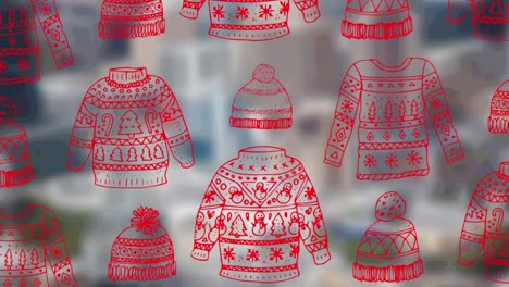 iconos de suéter y sombrero de navidad en un patrón sin costuras contra la vista del paisaje urbano
