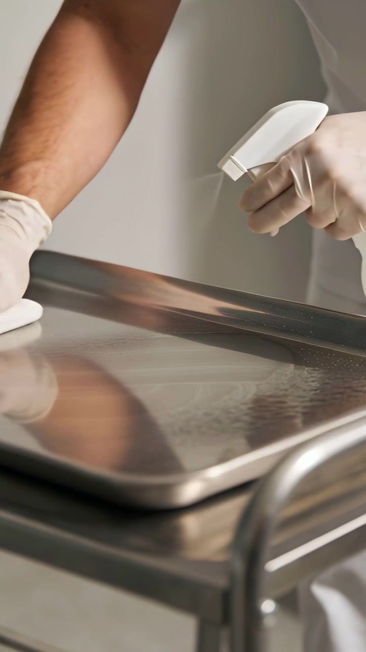 Vertical video: Spotting droplets, gloved hands wiping steel tray on cart in kitchen, light sleeves