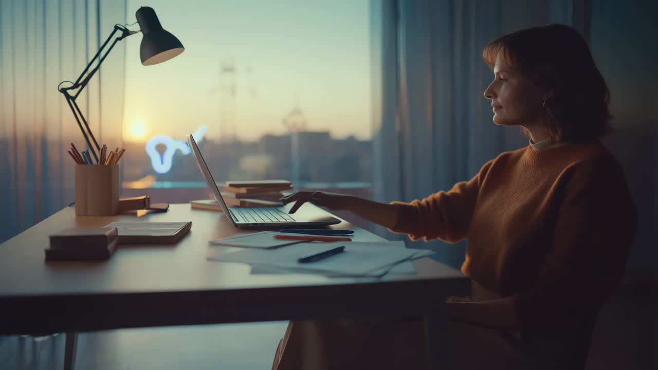 Una donna che lavora al computer portatile a una scrivania durante il tramonto o l'alba.