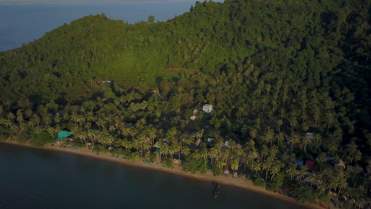 Aerial view of a tropical island with palm trees and coastline