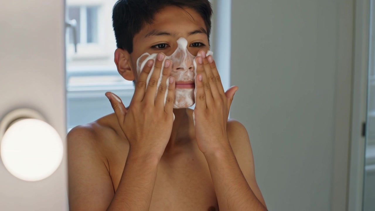Lifting lather, shirtless teen massaging foam across lower face at sink for skincare, with bulb
