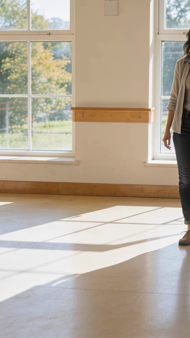 Vertical video: Entering from right, woman walking into room with windows in cardigan, copy space