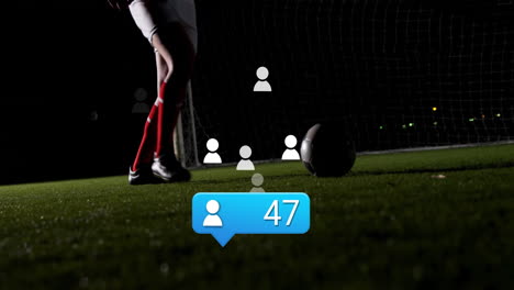 kicking soccer ball, player surrounded by animation of social media icons