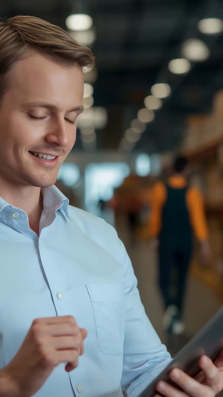 Vertical video: Manager entering aisle tapping tablet for stock check, with vest worker walking by