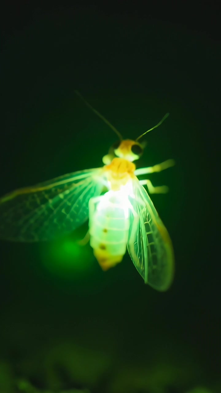 Vertical video: Focusing camera filming glowing winged insect pulsing abdomen and shifting at night
