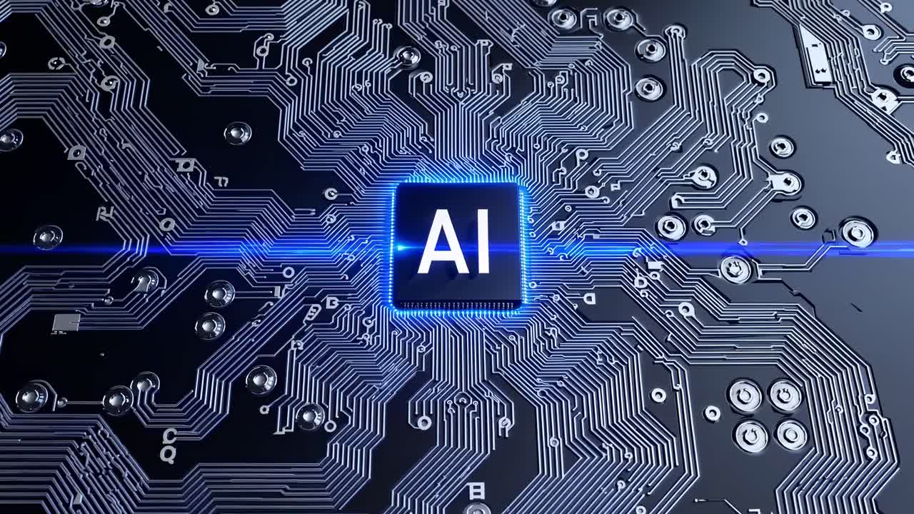 Futuristic video concept with a top-down angle showing a glowing AI chip on a circuit board