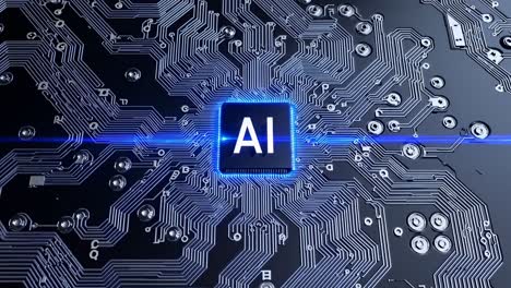 futuristic video concept with a top-down angle showing a glowing ai chip on a circuit board