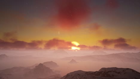 a person standing on top of a snow covered mountain with a sunset in the background. cold snowy landscape aerial view, unreal 4k a screenshot. zoom in past person