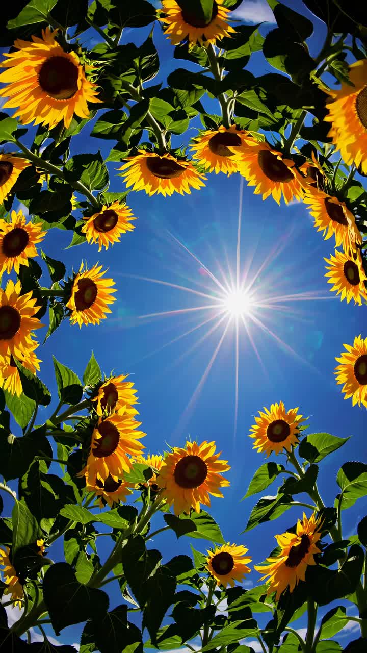 Upward angle video concept of sunflowers encircling the sun, creating a vibrant, natural frame