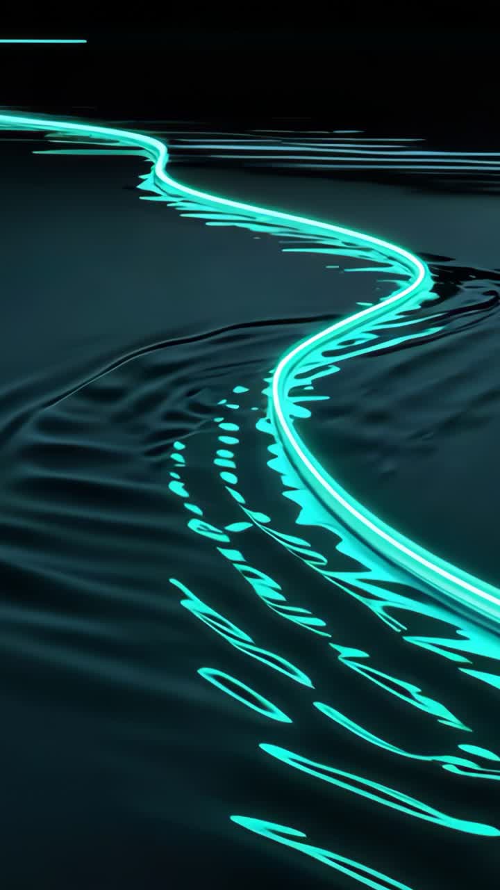 Vertical video: Starting left, neon turquoise ribbon gliding across digital void and rippling waves