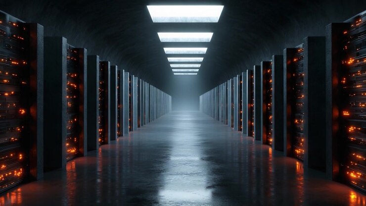 A Dimly Lit Server Room with Glowing Racks: Exploring the Depths of Data Storage Infrastructure in a Futuristic Environment