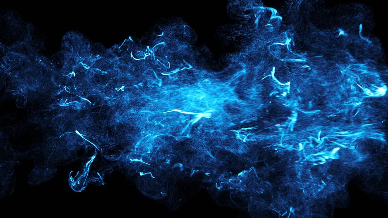 Particelle di energia blu astratte che scorrono e si dissolvono su sfondo nero