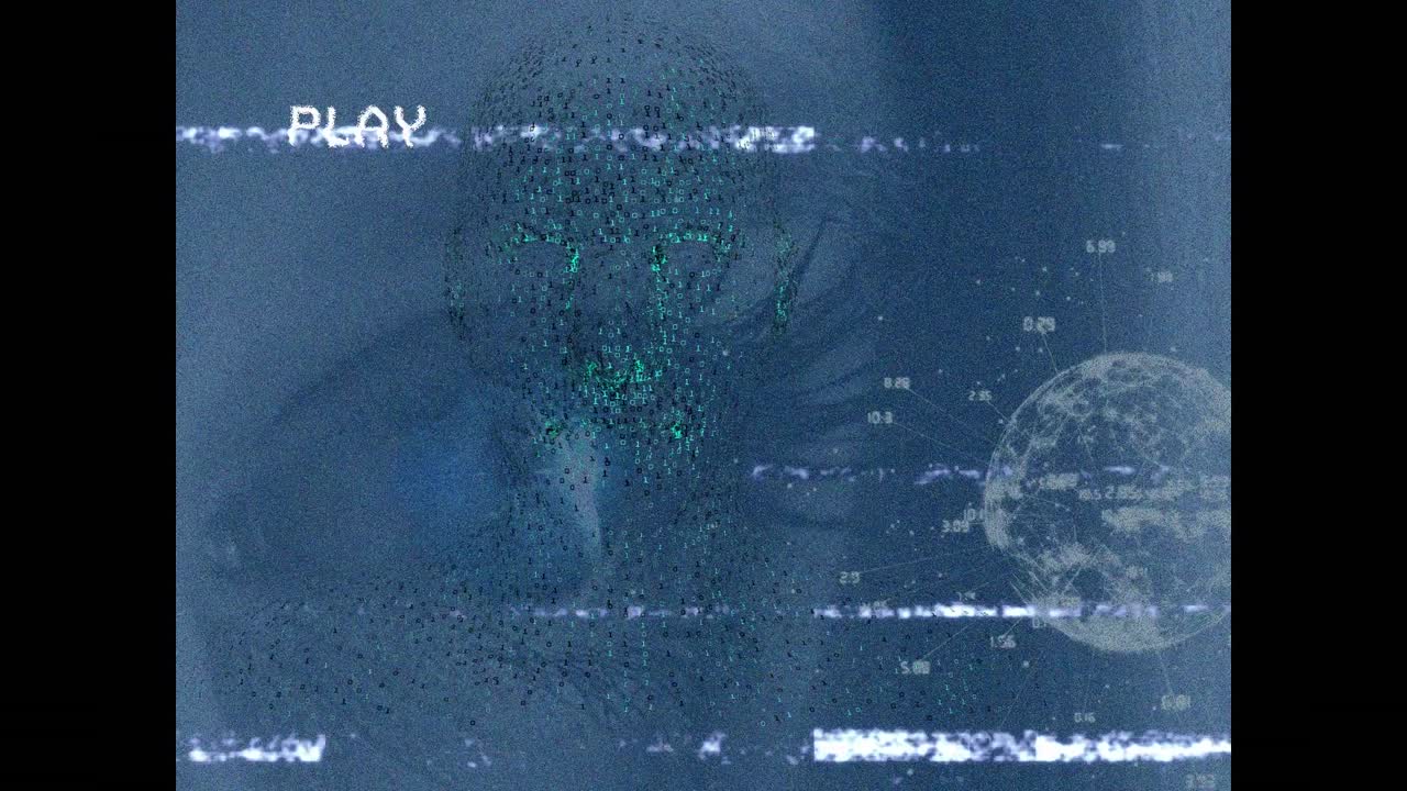 animación del ojo de la mujer caucásica y interferencia sobre el humano digital y el globo