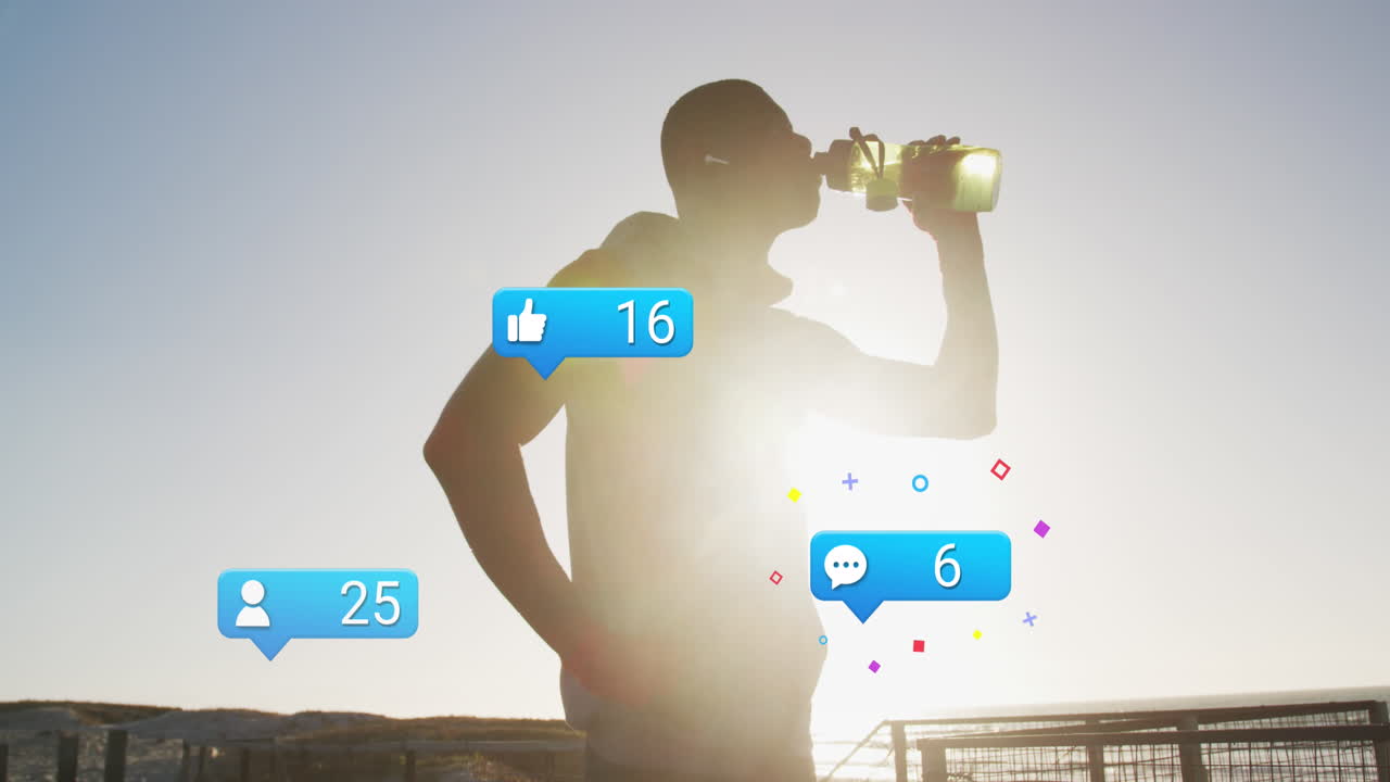 아프리카계 미국인 남성 운동 선수가 물을 마시는 소셜 미디어 아이콘과 숫자의 애니메이션