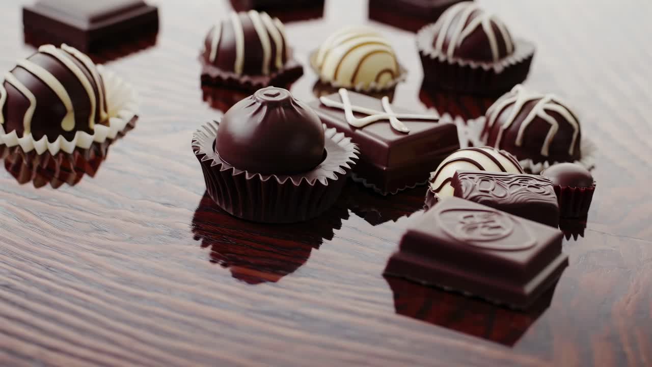 Close-up video shot of assorted chocolates on a wooden surface