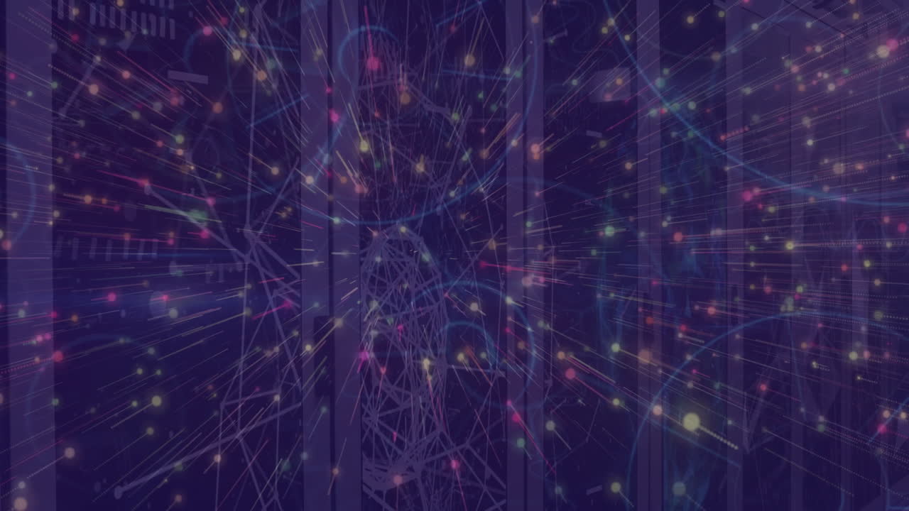 Forming intricate network pattern, colorful lights and lines over dark background