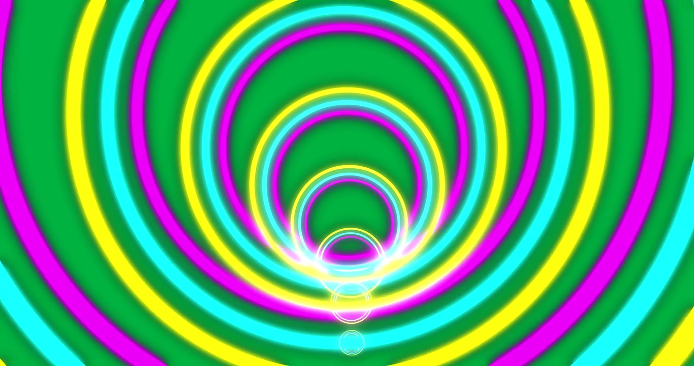 Animation of purple yellow and blue neon circles moving in hypnotic motion on transparent background
