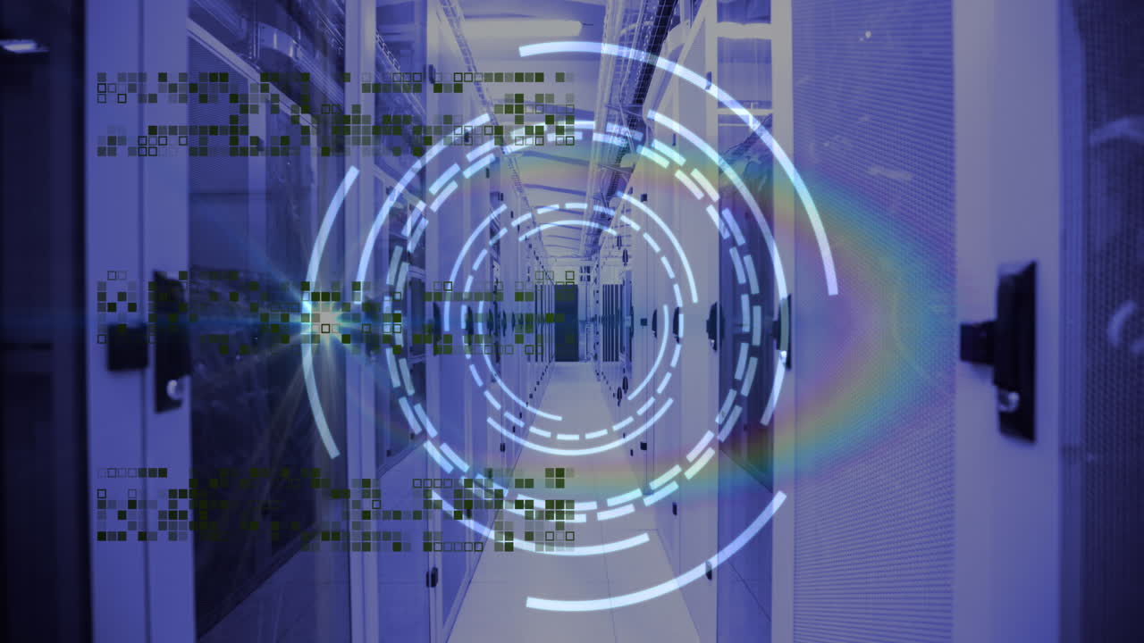 Animation of data processing and scope scanning over server room