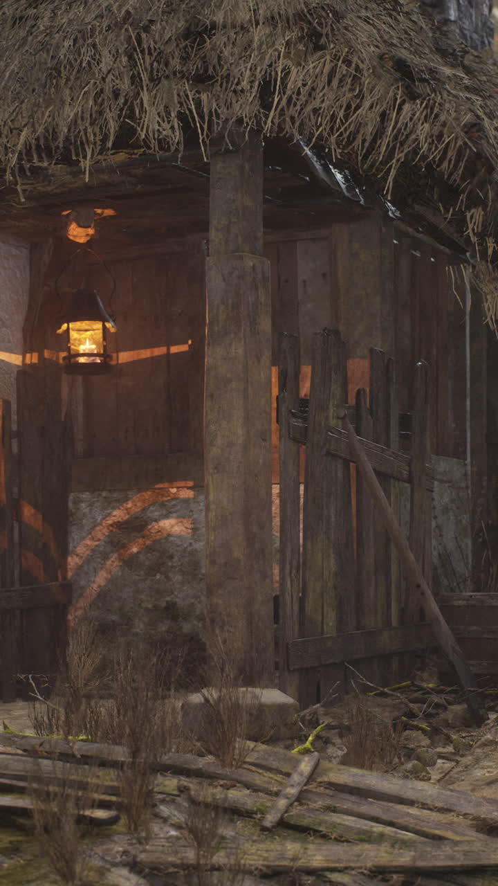 una vieja cabaña de madera con una linterna colgando del porche