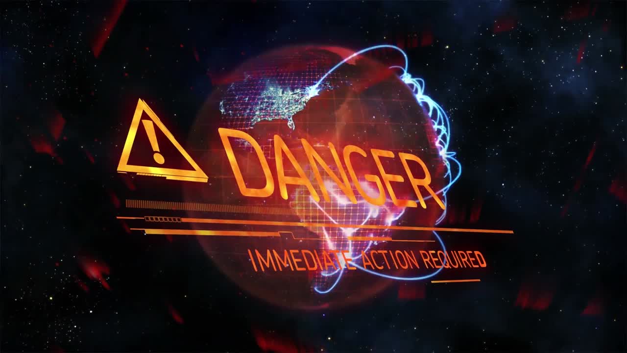 animación del símbolo de advertencia y la pancarta de texto de peligro contra el globo giratorio en el espacio