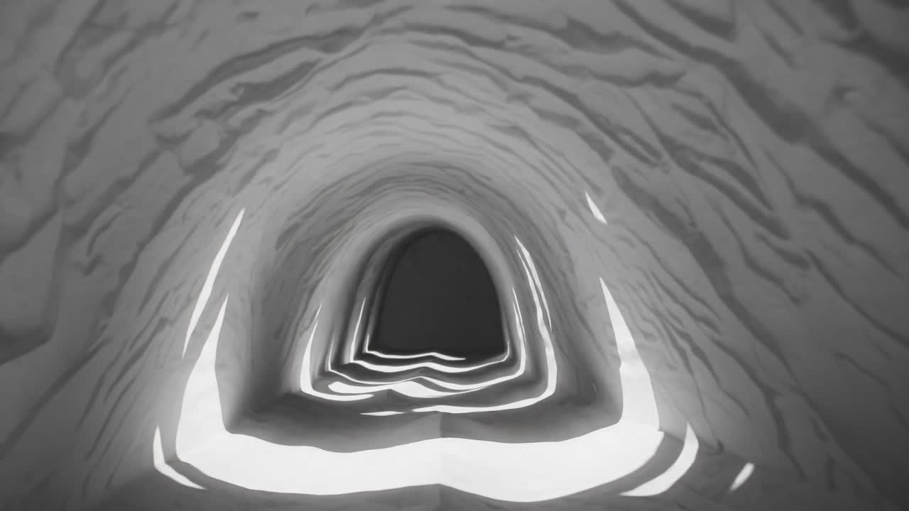 Abstract tunnel scene with flowing textures and shadows, showcasing a continuous motion sequence through a dynamic passageway of light and form