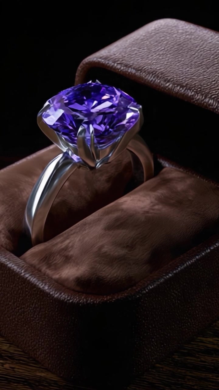 Elegante anello con gemma viola esposto in una lussuosa scatola di velluto - uno splendido esempio di design e artigianato di alta gioielleria, perfetto per ogni occasione speciale o celebrazione.