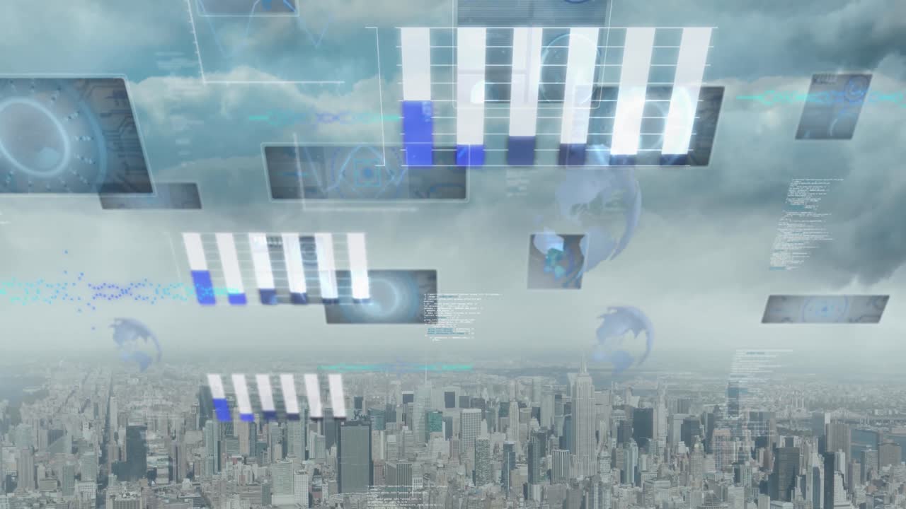 도시 풍경 위의 데이터 처리 애니메이션