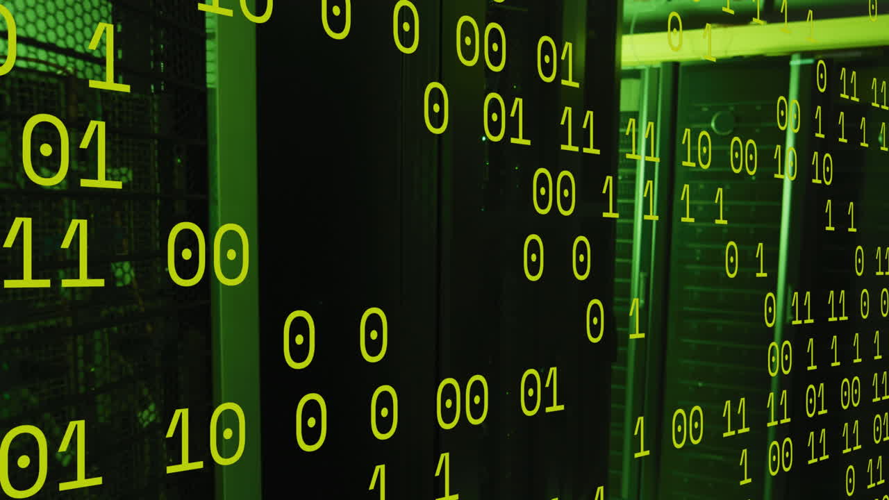 Animation of green binary code over servers
