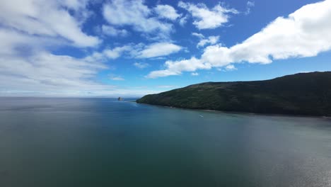 experience breathtaking scenery of a tranquil coastline under a vibrant sky filled with clouds